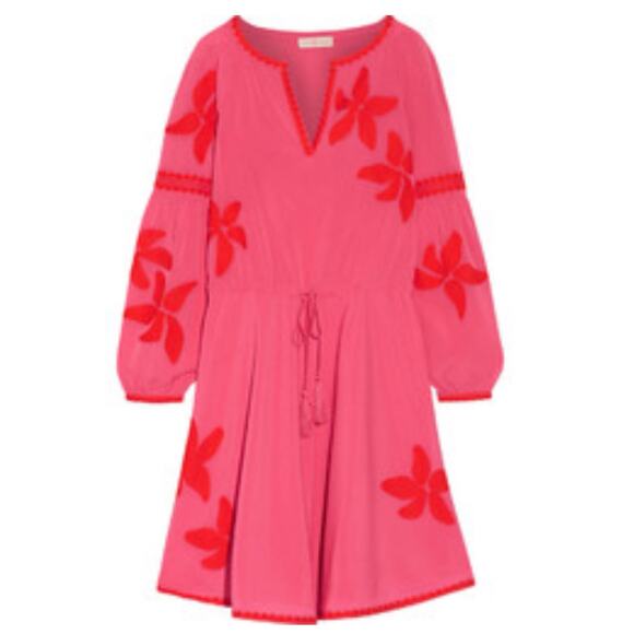 Tory Burch Sadie Tie Waist Embroidered Peasant Dress S Pink Orange - Picture 1 of 9